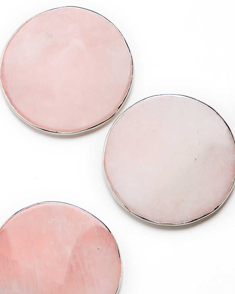 Rose Quartz Crystal Coaster with Silver Plating