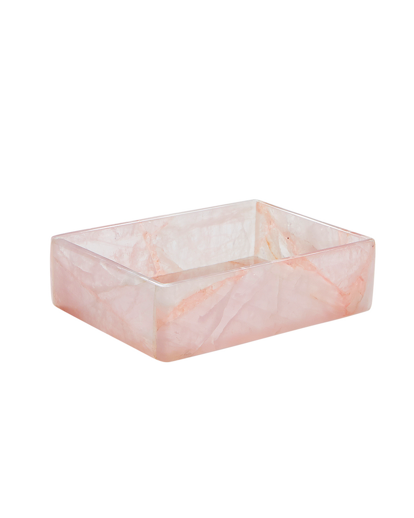 Rectangular rose quartz crystal trinket dish.This versatile piece is a chic element to any room. Use as a soap dish or a jewellery tray, this piece is unique, adaptable and pure luxury.