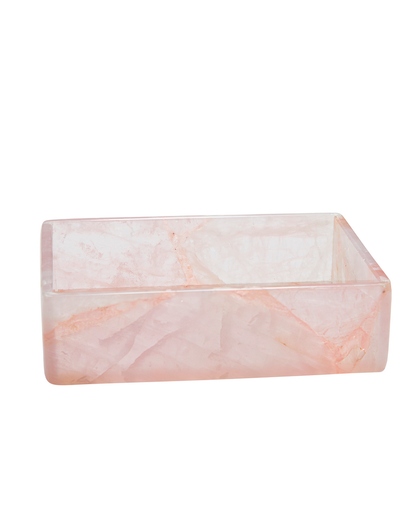 Rectangular rose quartz crystal trinket dish.This versatile piece is a chic element to any room. Use as a soap dish or a jewellery tray, this piece is unique, adaptable and pure luxury.
