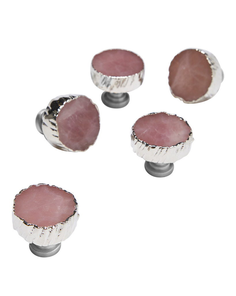Silver plated rose quartz crystal cabinet handle. Our natural crystal cabinet pulls will add a unique style to your interior decor, from wardrobes to cabinets. Displaying a natural Rose Quartz, a crystal symbolising self love, coated in silver plating. Adding the finishing touches to your elegant home.